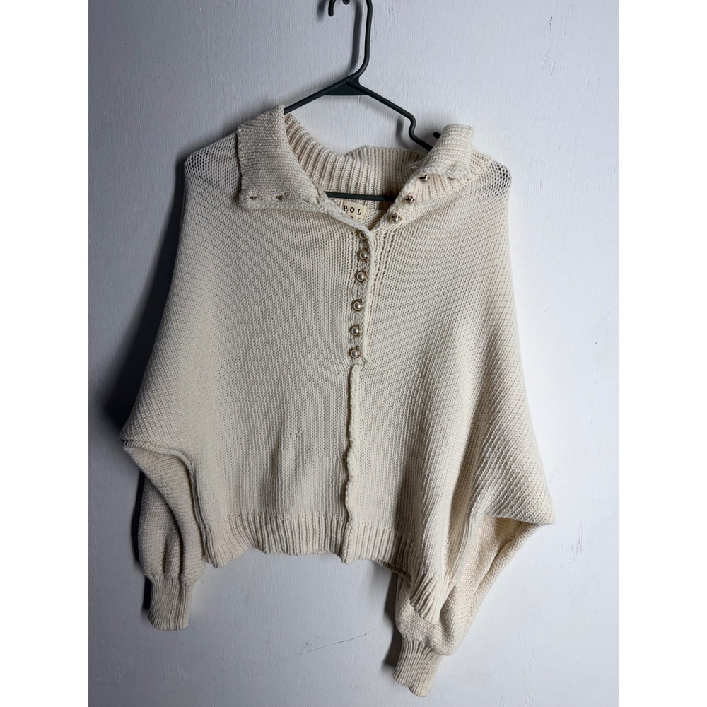 POL Cream Batwing Knit Sweater Faux Pearl Button Collar Pullover SMST404 Small
